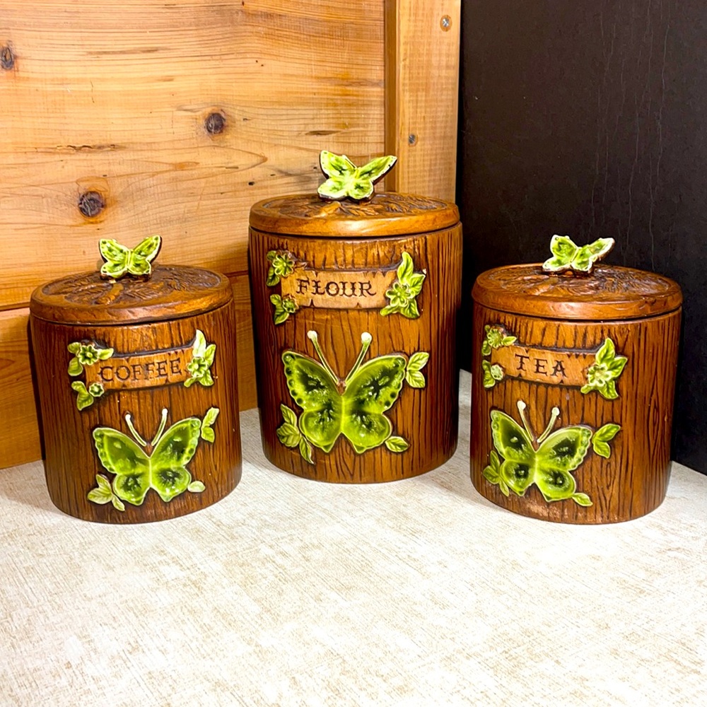 Vintage Mid-century Modern Boho "Treasure Craft" Butterfly Set Of 3 Canisters!
